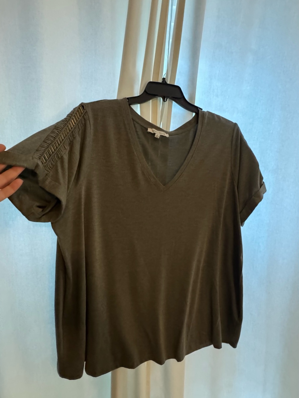 Olive V-Neck Short Sleeve Top with Woven Shoulder Detail